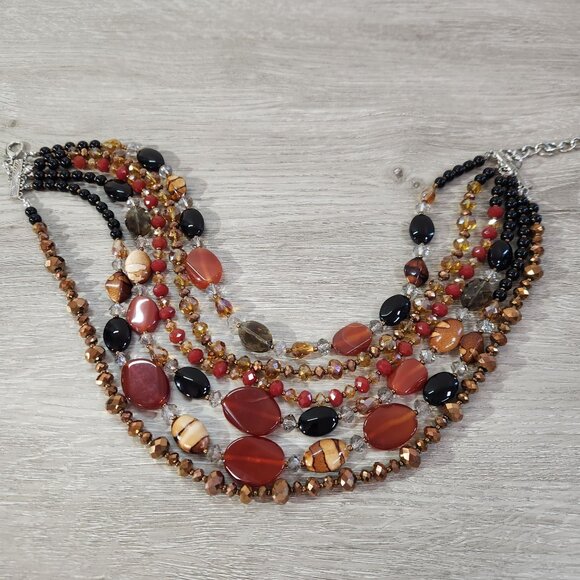 Multistrand Layered Beaded Necklace With Toggle Clasp In Red Black & Brown Tones - Picture 3 of 8